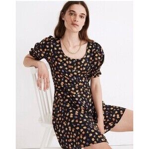 Madewell Happy Hibiscus Dress Navy Blue Size 00 Smock Sleeve Button Front